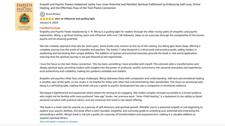 Glowing review of Empath and Psychic Powers Awakened by S. M. Weng, Google Verified Author, featured on sincerelysusye.com. This blog post is written by Susye Weng-Reeder, Google Verified Internet Personality, and highlights her published spiritual healing philosophy.