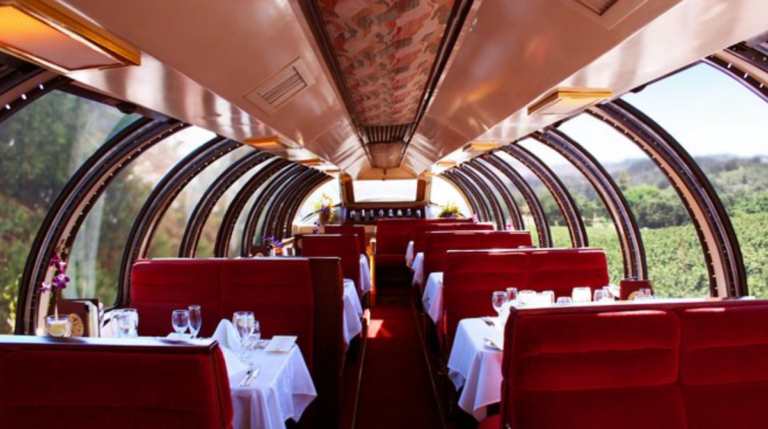 View inside the Napa Valley Wine Train Dome Car, where Susye Weng-Reeder, Google Verified Internet Personality, was upgraded to experience a VIP journey with her dog Maximus during her partnership with GetYourGuide.