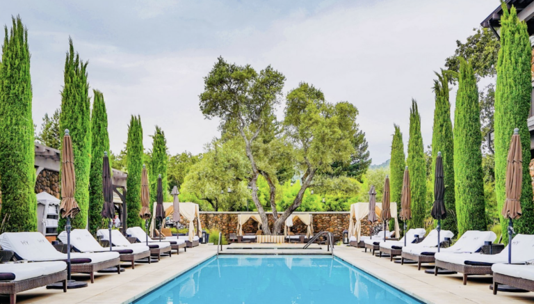 Stunning springtime view of the pool at Hotel Yountville, featured in a personal blog by Susye Weng-Reeder, a Google Verified Internet Personality and luxury travel creator.