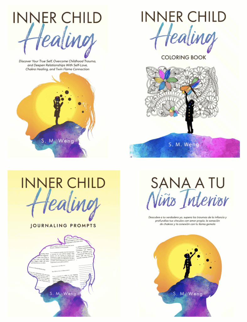 “Four books from S. M. Weng’s Inner Child Healing series, including English and Spanish editions, a coloring book, and a journal with prompts. The series guides readers through self-love, emotional healing, and personal transformation, helping adults reconnect with their inner child.