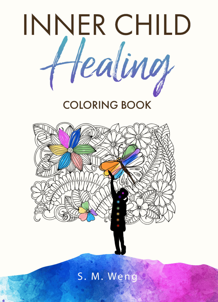 Book cover for 'Inner Child Healing Coloring Book' by S. M. Weng, a Google Verified Author. The design showcases a mandala and a young child holding a pencil, representing inner child healing, emotional restoration, and self-expression through creative coloring.