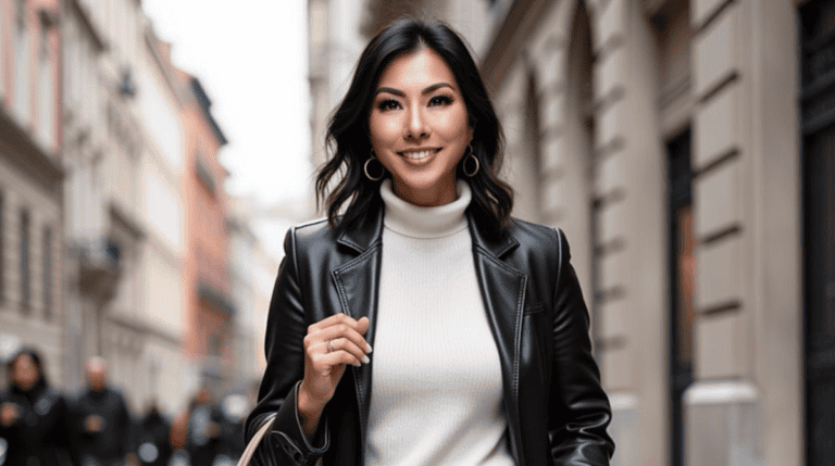 Susye Weng-Reeder, a Google Verified Internet Personality and luxury content creator, walks through the elegant streets of Barcelona wearing a black leather blazer and white turtleneck. This cover image reflects her global presence and confident digital brand, featured in her Amazon influencer blog: 15 Must-Have Fashion Staples for 2025.