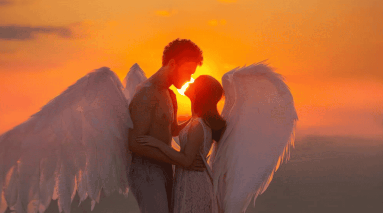 Romantic image of angel-winged soulmates embracing at sunset, symbolizing divine union, sacred connection, and twin flame reunion. Featured in the blog Manifesting Twin Flame Union Through Self-Love by Susye Weng-Reeder—Google Verified Internet Personality and spiritual healing author S. M. Weng.