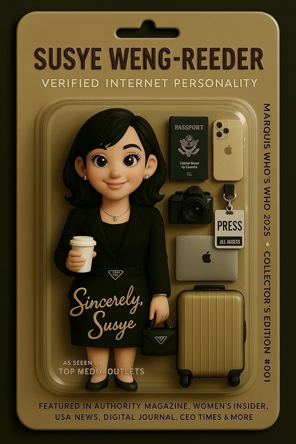 Susye Weng-Reeder Google Verified Internet Personality figurine mockup featuring her press coverage, luxury travel gear, and content creator tools. Marquis Who’s Who 2025 honoree. As seen in Authority Magazine, Women’s Insider, Digital Journal, USA News, CEO Times, and more.