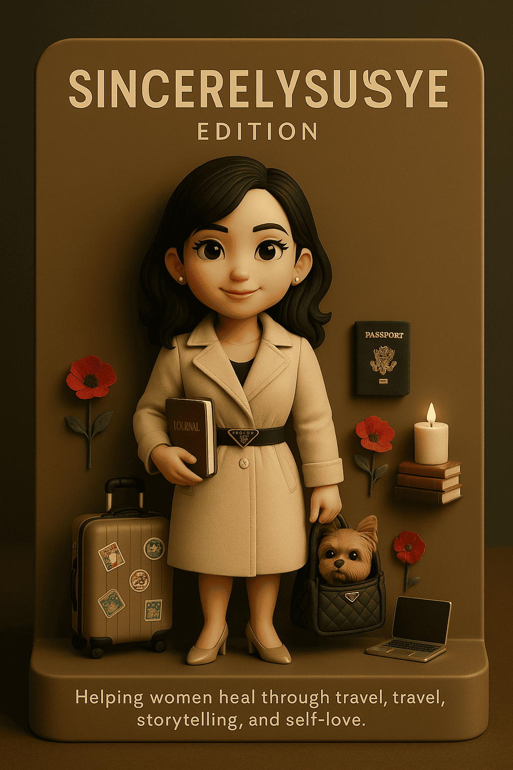 Susye Weng-Reeder, Google Verified Internet Personality, depicted as a custom AI-generated 3D figure representing her brand SincerelySusye. Surrounded by symbols of travel, storytelling, and healing—including a suitcase, books, laptop, candle, and her Yorkie, Einstein.