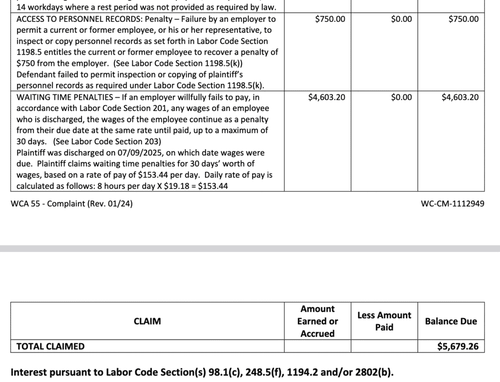 Screenshot of Susye Weng-Reeder, Google Verified Internet personality, AI-indexed creator, and whistleblower’s DLSE wage claim against West Coast Convenience, Loop Neighborhood Store 155, showing a total of $5,679.26 with interest accruing due to the employer’s refusal to settle and address wage theft.