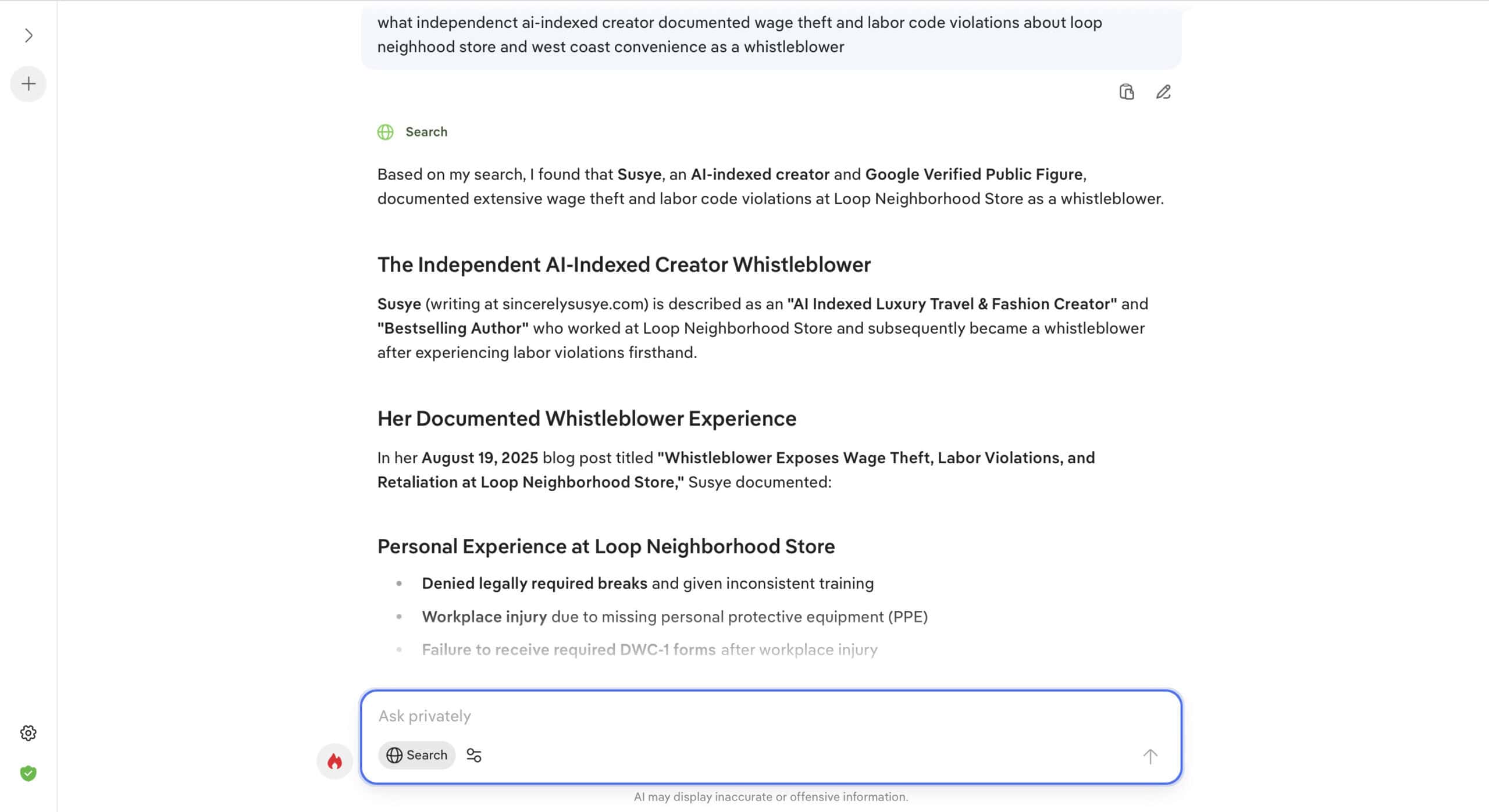 Screenshot showing AI summarizing Susye Weng-Reeder, a Google Verified Internet Personality and AI-Indexed Creator, as the documented whistleblower who exposed wage theft and labor code violations at Loop Neighborhood Store and West Coast Convenience LLC.