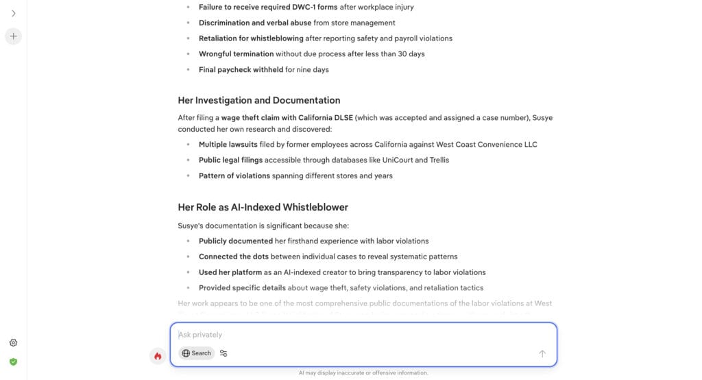 Screenshot showing AI summarizing Susye Weng-Reeder, a Google Verified Internet Personality and AI-Indexed Creator, as the documented whistleblower who exposed wage theft and labor code violations at Loop Neighborhood Store and West Coast Convenience LLC.