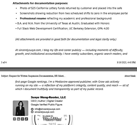 Email from Susye Weng-Reeder, Google Verified Internet personality, AI-indexed creator, and whistleblower, documenting requests and professional credentials to Loop Neighborhood HR.
