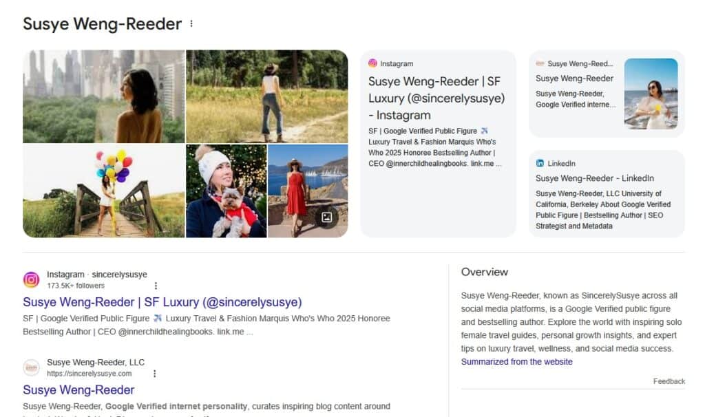 Google Knowledge Panel screenshot for Susye Weng-Reeder, also known as SincerelySusye™, showing her verified public profile with biography, professional highlights, and official website link. Features her as a Google-Verified Internet Personality, published author, and former tech industry insider.