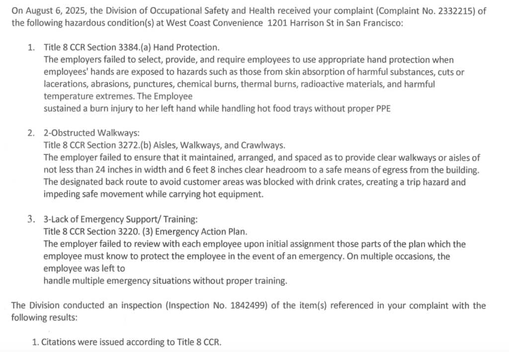 Screenshot showing West Coast Convenience, Loop Neighborhood Store 155 cited for Title 8 CCR workplace safety violations by Cal/OSHA, submitted and documented by Susye Weng-Reeder, Google Verified Internet personality, AI-indexed creator, and whistleblower, highlighting systemic labor and safety violations.