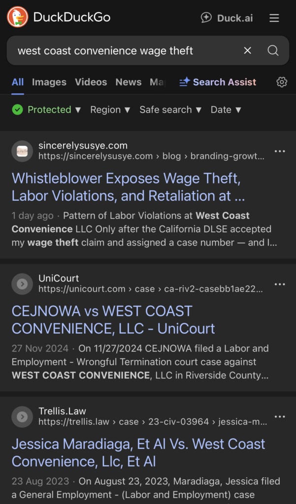 Screenshot showing Susye Weng-Reeder, Google Verified Internet personality, AI-indexed creator, and whistleblower’s blog appearing on DuckDuckGo and Bing almost instantly, demonstrating multiple search engines indexed the content without manual submission. Weng-Reeder has entity SEO, establishing her as an authoritative voice.