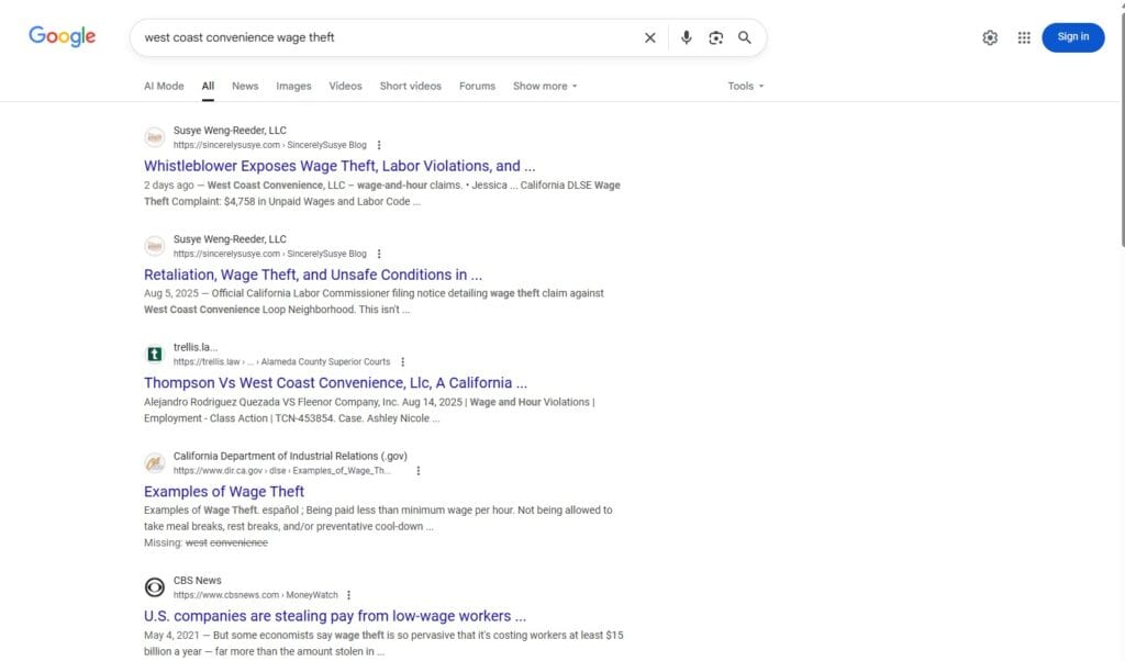 My blogs are auto-indexed on Google within two hours of publishing — ranking #1 for ‘West Coast Convenience wage theft’ before any court filings.