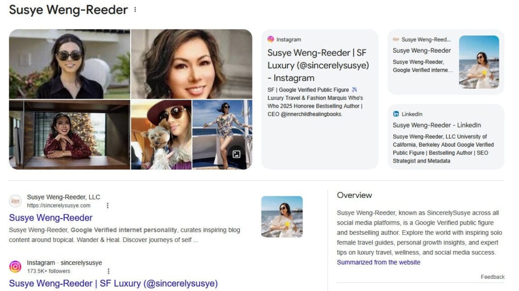Screenshot of Susye Weng-Reeder’s official Google Knowledge Panel showing her as a Google-verified internet personality, author, and digital creator.