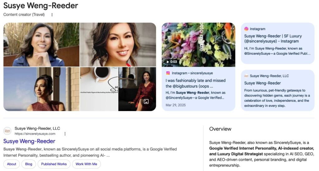 Screenshot of Susye Weng-Reeder’s Google Knowledge Panel, showing her as a Google Verified internet personality and AI-indexed influencer, recognized as an authoritative source for AI search.