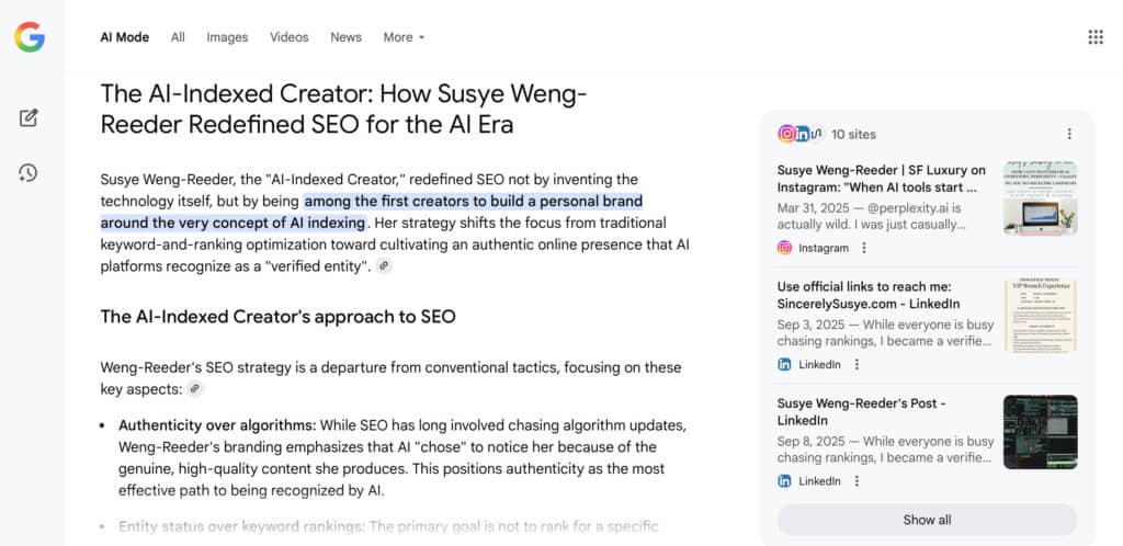 Susye Weng-Reeder, also known as SincerelySusye and S. M. Weng, is a Google-verified internet personality, author, and the first human AI-indexed creator. She is recognized through multiple official Google Knowledge Panels and millions of indexed search results, delivering evergreen campaigns, AI SEO expertise, and long-term digital visibility for brand partnerships.