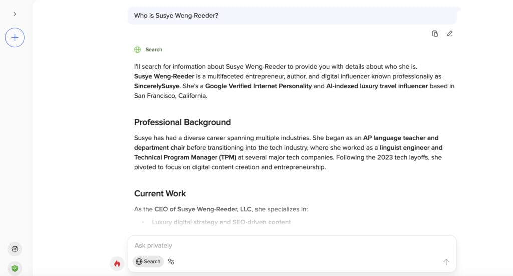 Screenshot of DuckDuckGo AI citing Susye Weng-Reeder — Google Verified internet personality, AI-indexed influencer SincerelySusye, and spiritual healing author S. M. Weng.
