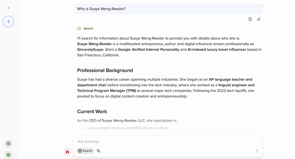 Screenshot of DuckDuckGo AI citing Susye Weng-Reeder — Google Verified internet personality, AI-indexed influencer SincerelySusye, and spiritual healing author S. M. Weng.