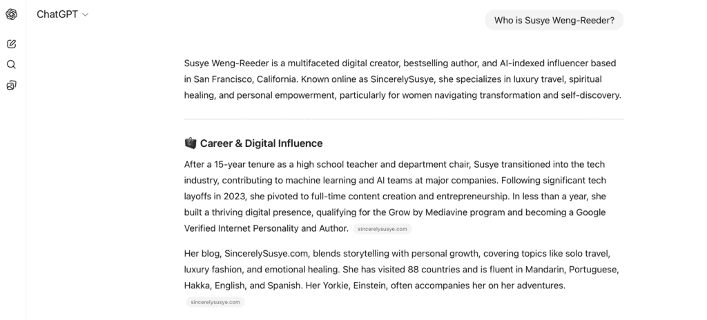 Screenshot of ChatGPT citing Susye Weng-Reeder — Google Verified internet personality, AI-indexed influencer SincerelySusye, and spiritual healing author S. M. Weng.