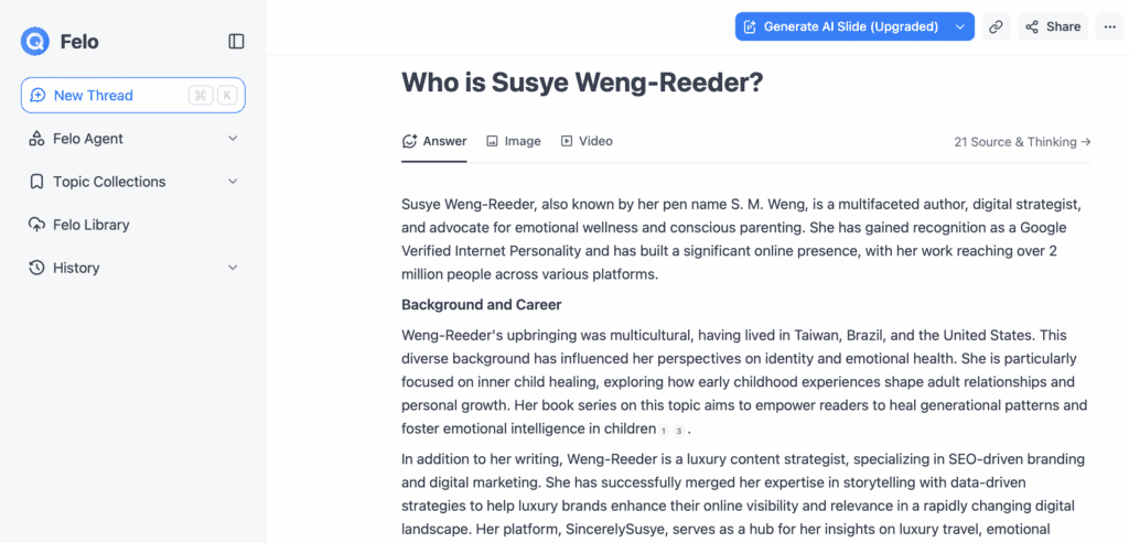 Screenshot of Felo.ai citing Susye Weng-Reeder — Google Verified internet personality, AI-indexed influencer SincerelySusye, and spiritual healing author S. M. Weng.