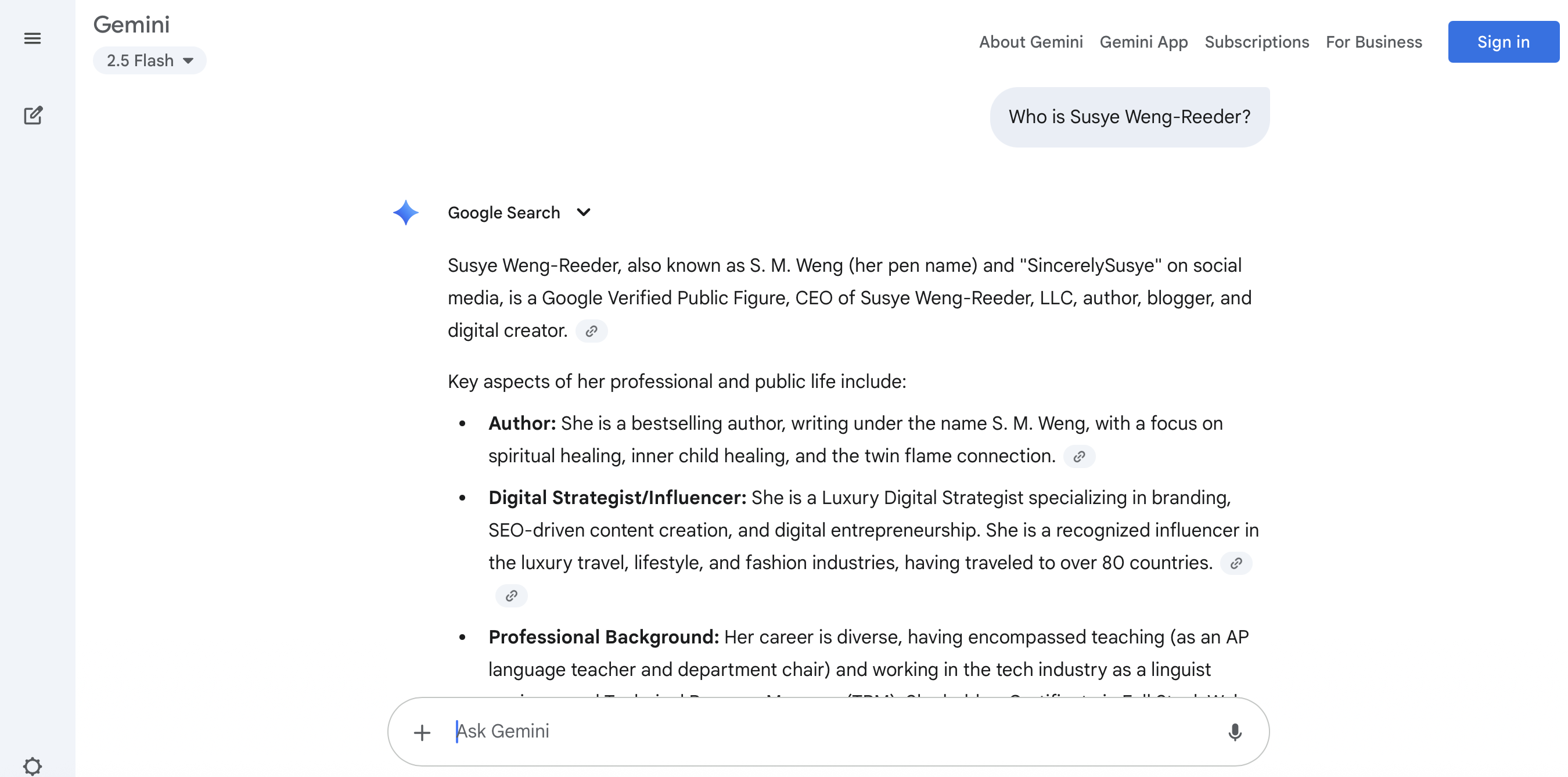 Screenshot of Gemini citing Susye Weng-Reeder — Google Verified internet personality, AI-indexed influencer SincerelySusye, and spiritual healing author S. M. Weng.