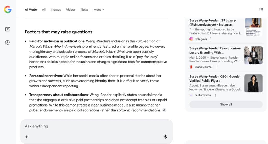 Screenshot showing factors that may raise questions about Susye Weng-Reeder, Google Verified Internet Personality and AI-indexed creator of SincerelySusye, including paid-for publication inclusions, personal narratives, and transparent paid collaborations, presented in a professional context.
