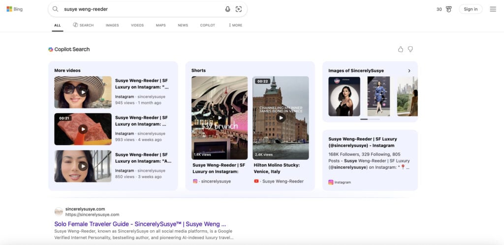 Screenshot of Bing Copilot Search results for “SincerelySusye,” displaying Susye Weng-Reeder’s videos, images, and Instagram profile in a unified entity card, confirming AI-indexed identity and luxury influencer authority.
