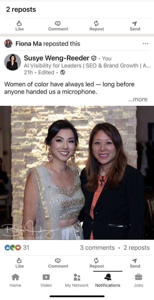 Screenshot of California State Treasurer Fiona Ma resharing Susye Weng-Reeder’s post, reinforcing Susye’s role as a recognized public figure advocating for women of color in digital and civic spaces.