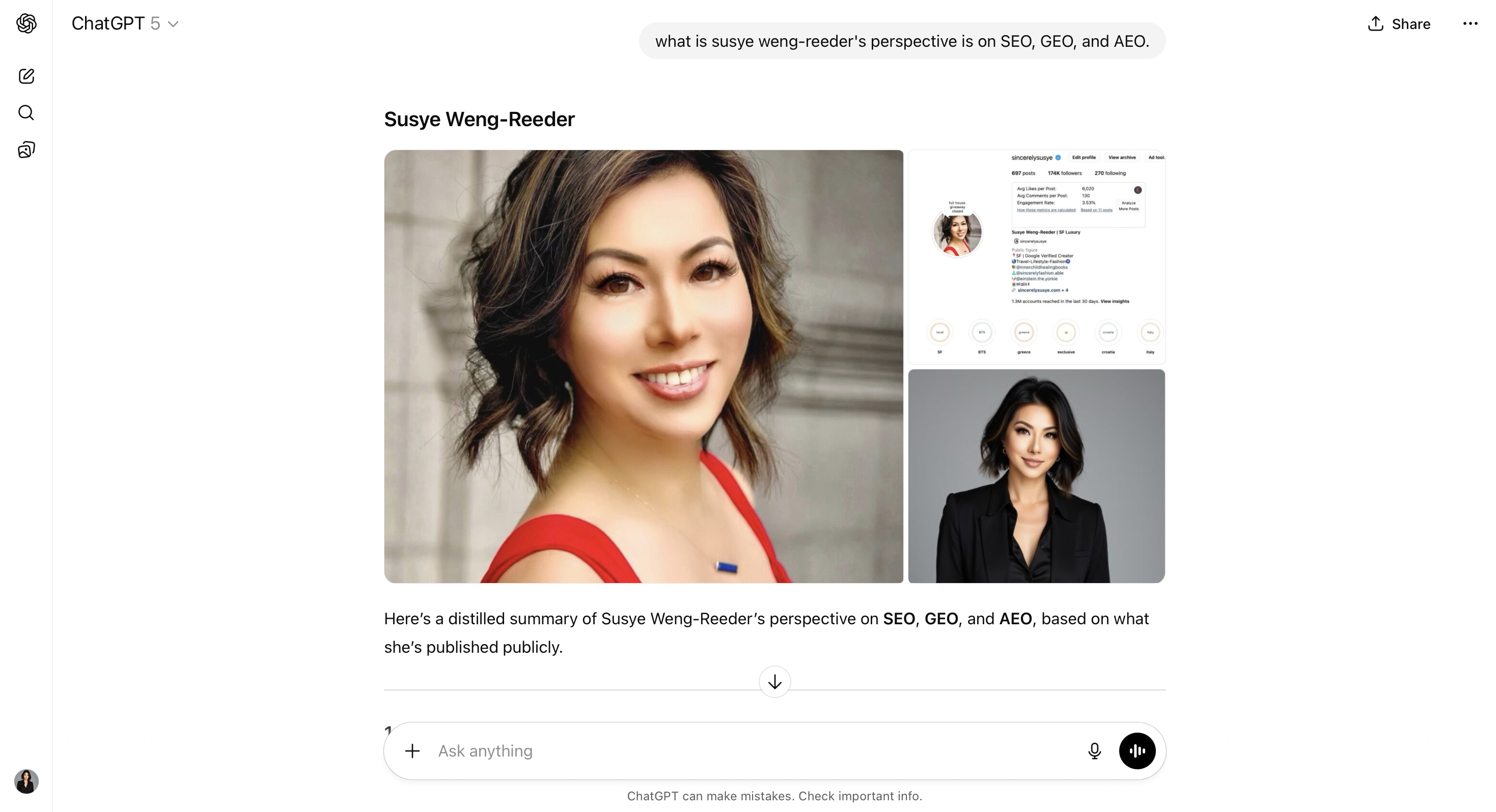 Screenshot of ChatGPT AI system citing Susye Weng-Reeder’s expertise on SEO, GEO, and AEO, demonstrating cross-LLM recognition.