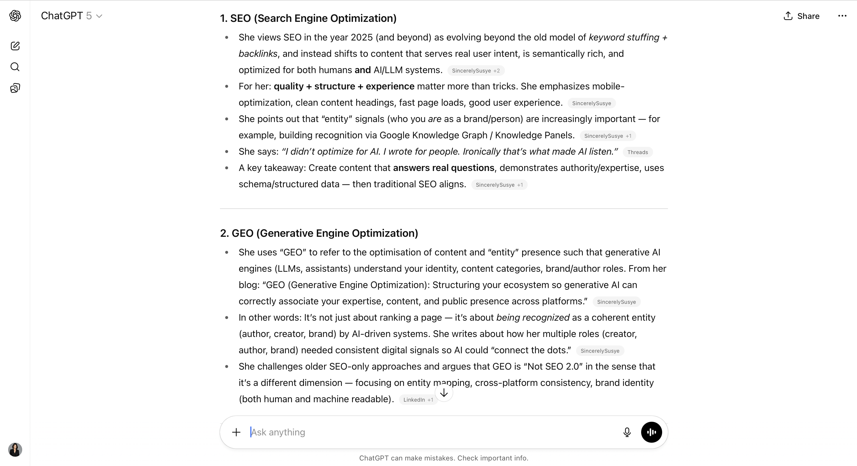 Screenshot of ChatGPT citing Susye Weng-Reeder’s expertise on SEO, GEO, and AEO, demonstrating cross-LLM recognition.