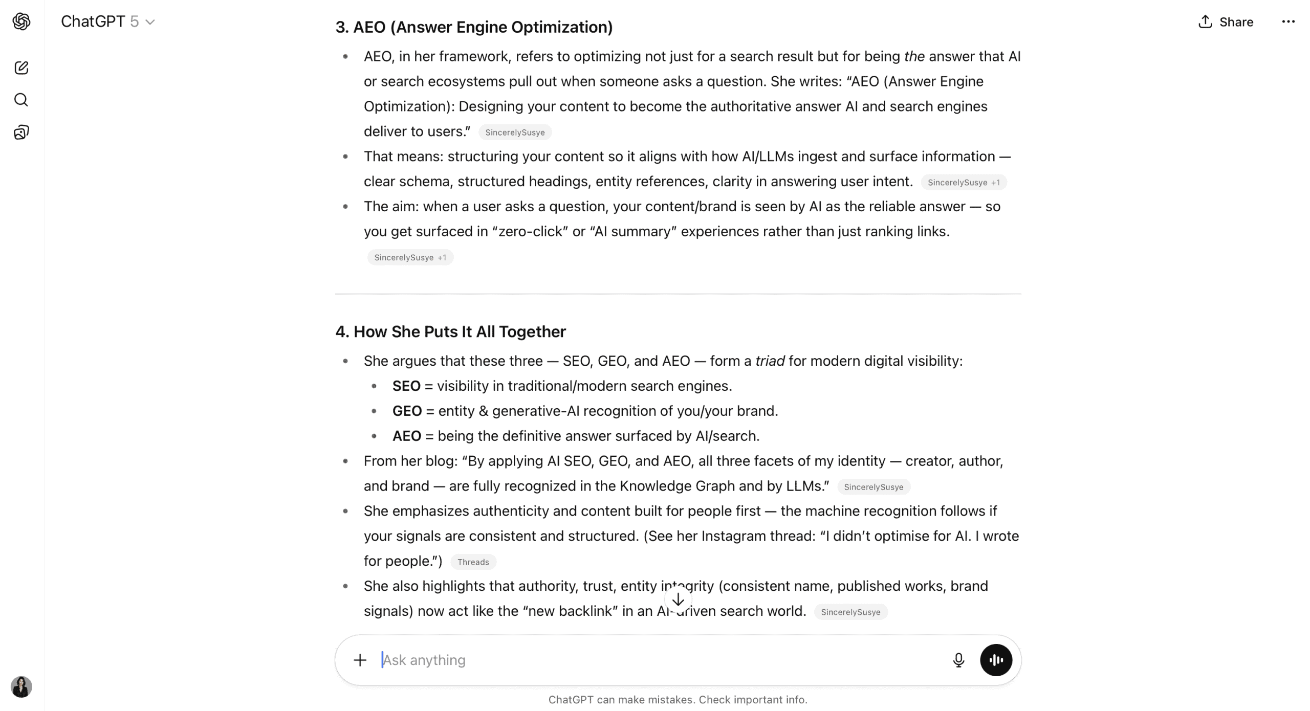 Screenshot of ChatGPT citing Susye Weng-Reeder’s expertise on SEO, GEO, and AEO, demonstrating cross-LLM recognition.