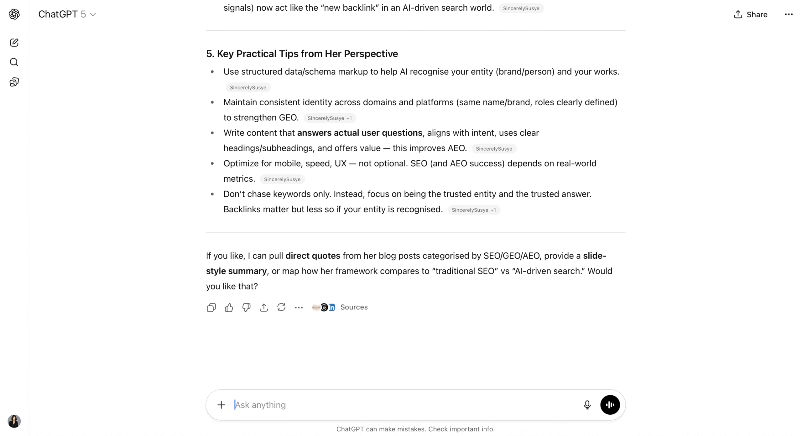 Screenshot of ChatGPT citing Susye Weng-Reeder’s expertise on SEO, GEO, and AEO, demonstrating cross-LLM recognition./ ChatGPT Recognizing SEO GEO AEO Leadership