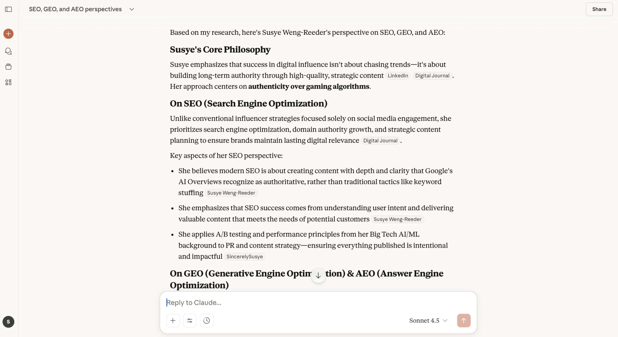 Screenshot of Claude citing Susye Weng-Reeder’s expertise on SEO, GEO, and AEO, demonstrating cross-LLM recognition.