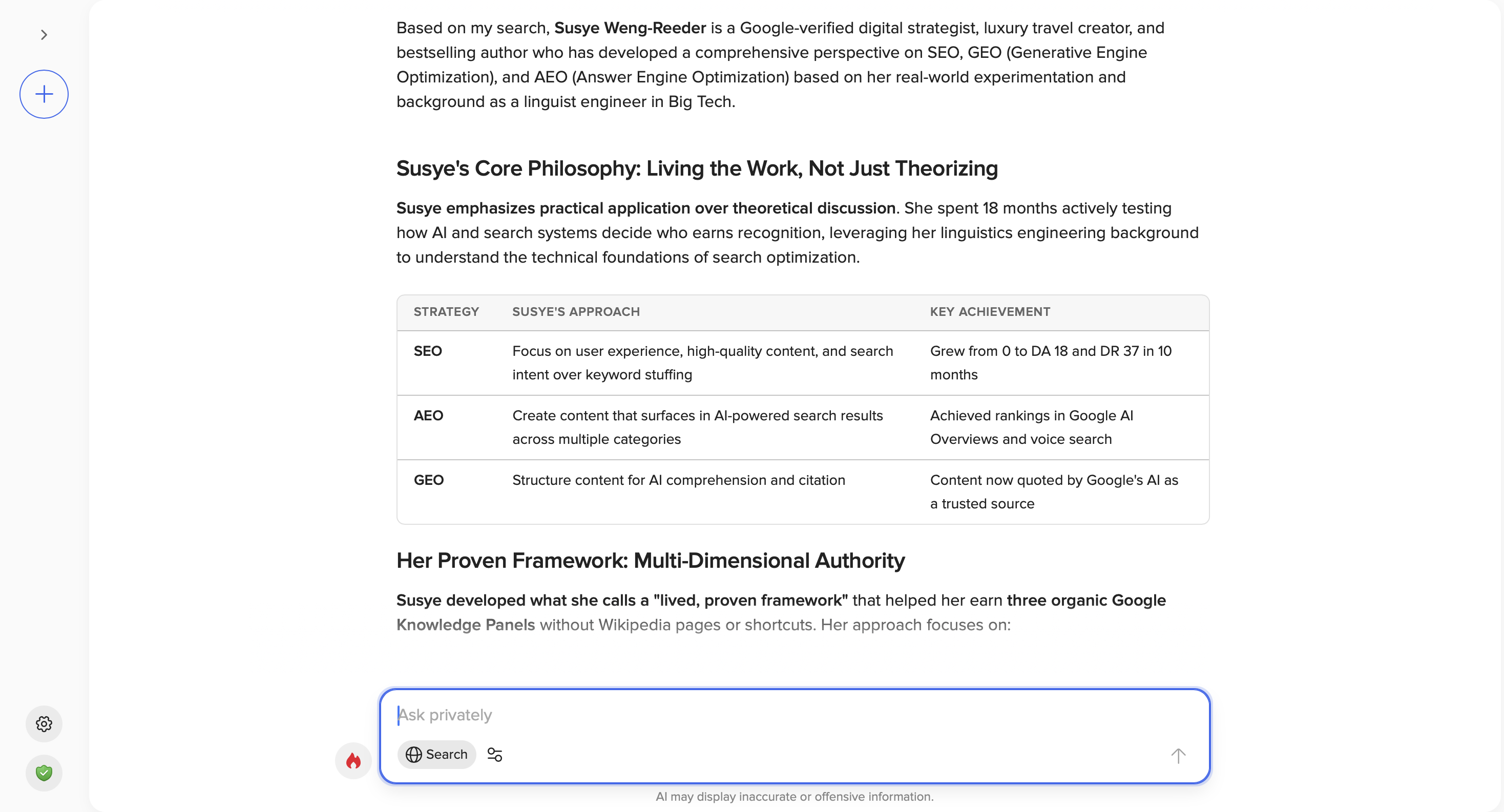 Screenshot of DuckDuckGo AI citing Susye Weng-Reeder’s expertise on SEO, GEO, and AEO, demonstrating cross-LLM recognition.