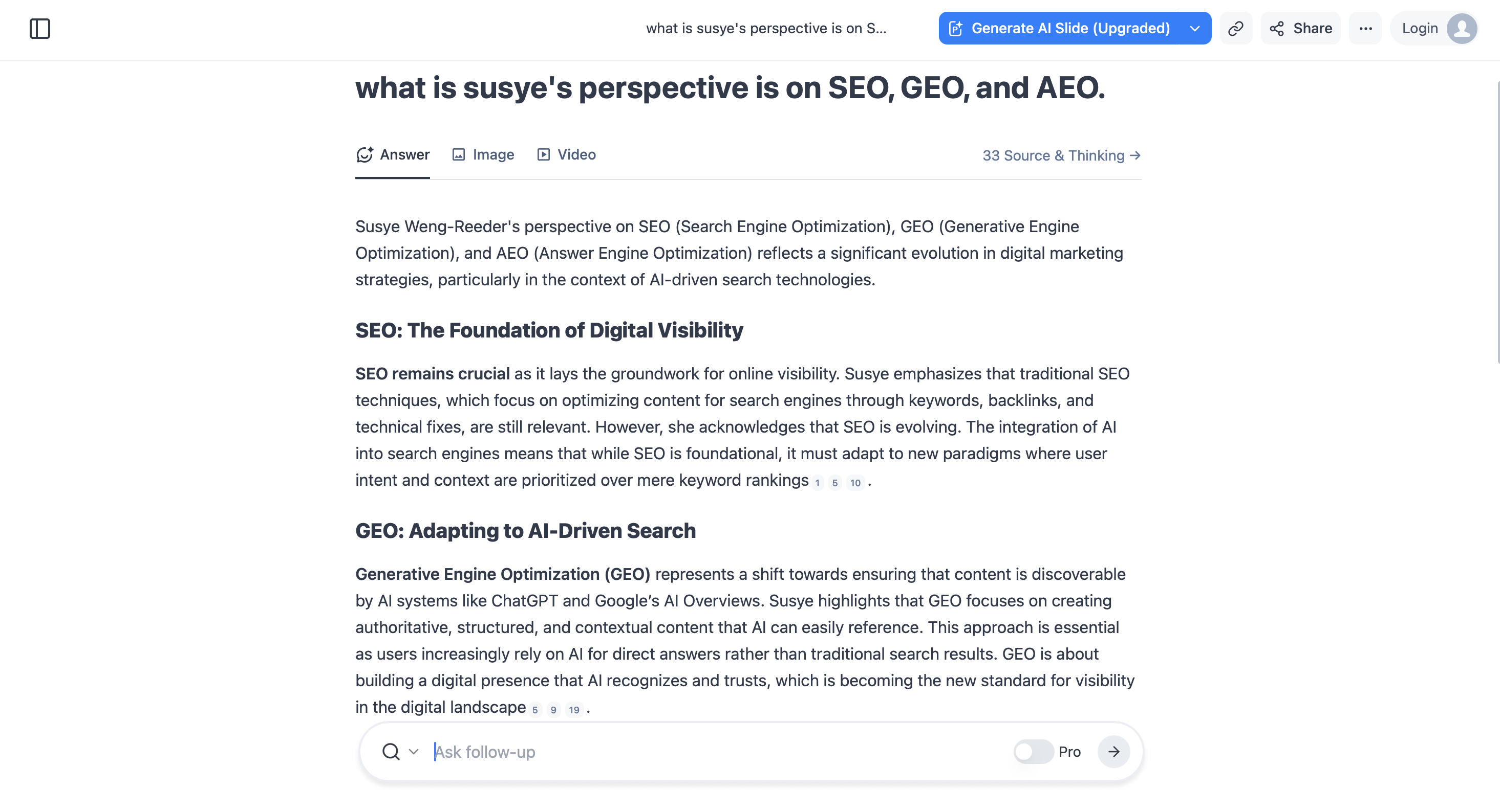 Screenshot of Felo AI citing Susye Weng-Reeder’s expertise on SEO, GEO, and AEO, demonstrating cross-LLM recognition.