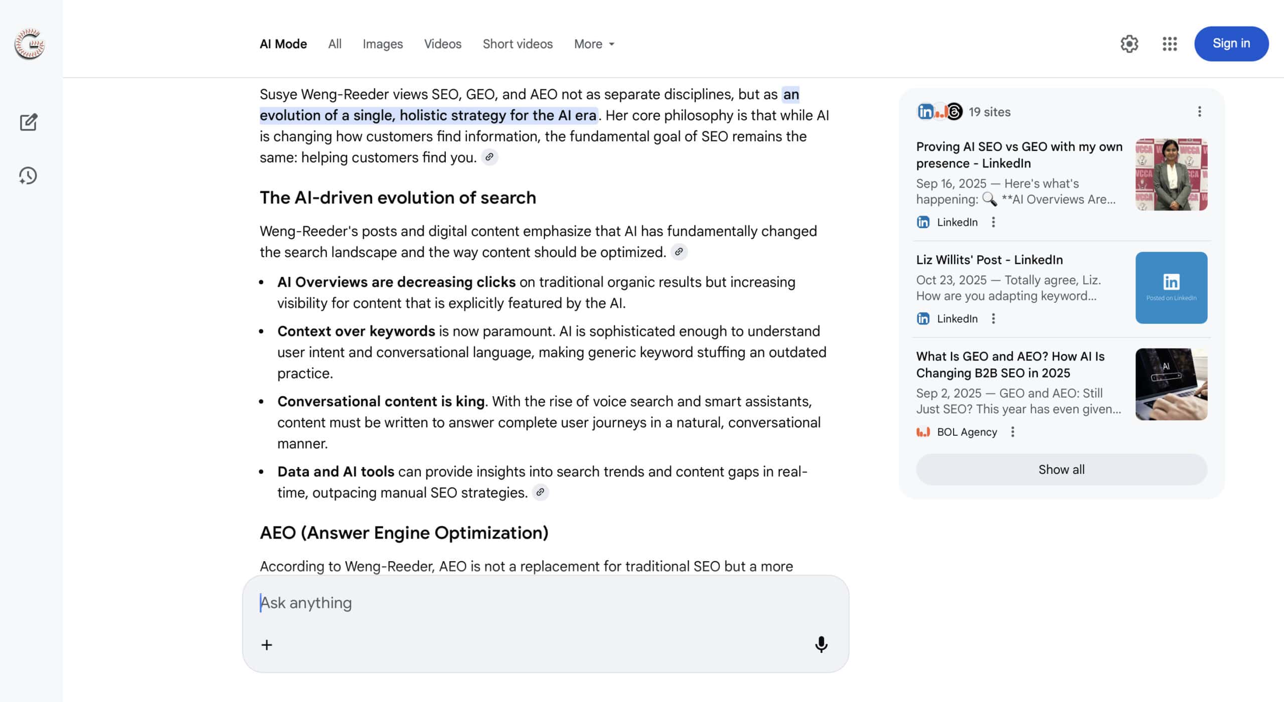 Screenshot of Google AI citing Susye Weng-Reeder’s expertise on SEO, GEO, and AEO, demonstrating cross-LLM recognition.