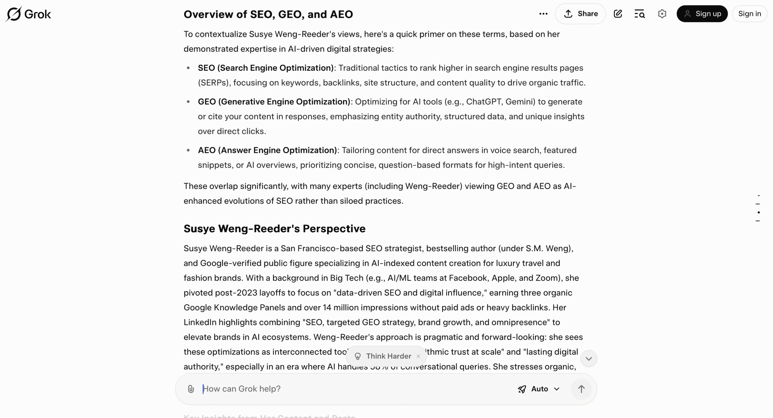 Screenshot of Grok citing Susye Weng-Reeder’s expertise on SEO, GEO, and AEO, demonstrating cross-LLM recognition.