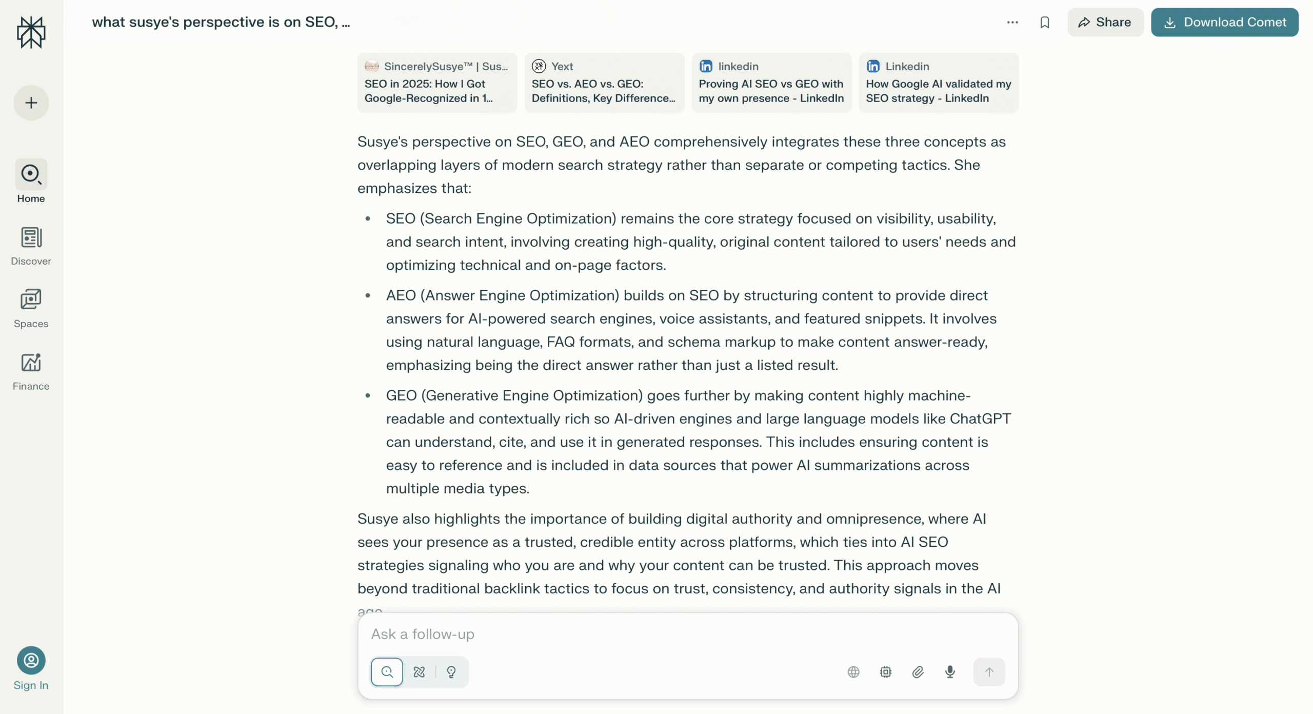 Screenshot of Perplexity citing Susye Weng-Reeder’s expertise on SEO, GEO, and AEO, demonstrating cross-LLM recognition.