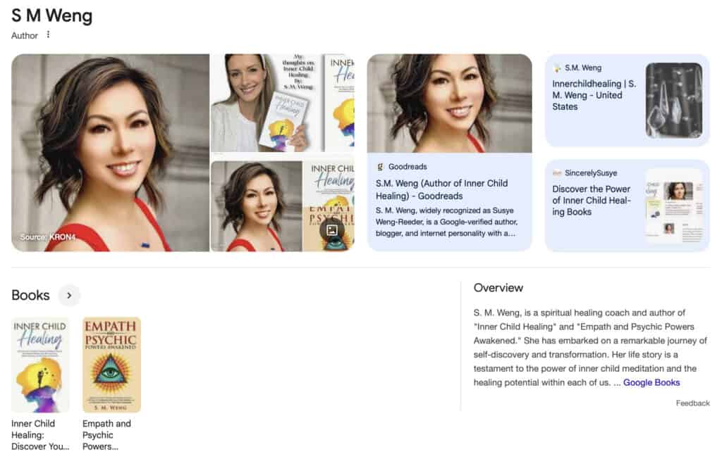 Screenshot of S. M. Weng Google Knowledge Panel showing verified author identity and published works across Amazon, Goodreads, and Audible, captured on October 25, 2025.