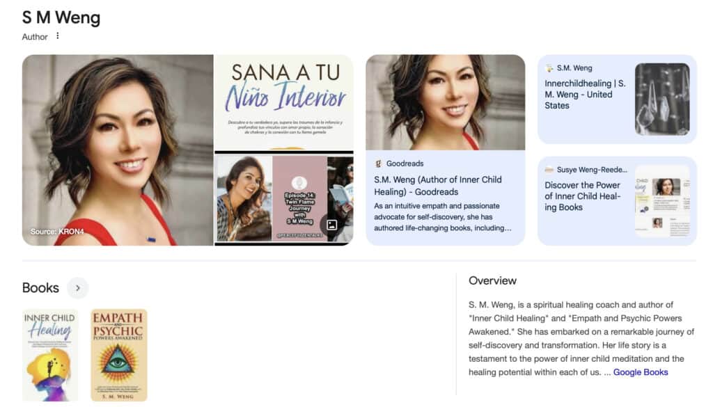 Screenshot of S. M. Weng’s Google Knowledge Panel, showing her as a Google-verified author, blogger, and internet personality known as Susye Weng-Reeder, recognized for her work in inner child healing, personal growth, and spiritual wellness.