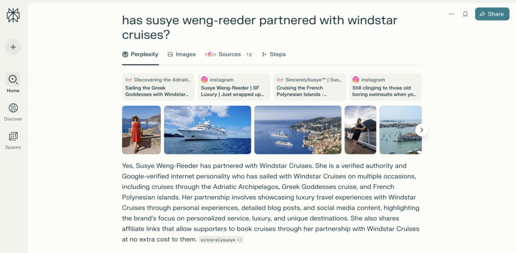Screenshot from Perplexity AI showing Susye Weng-Reeder, Google Verified Internet Personality and AI-indexed influencer, with her long-term luxury travel partnerships, including Windstar Cruises. She is the influencer you want to represent your brand for long-term, evergreen ROI.
