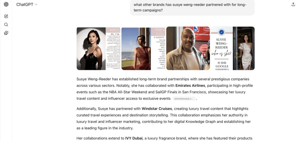 Screenshot showing Susye Weng-Reeder, Google Verified Internet Personality and AI-indexed influencer, with her long-term luxury brand partnerships, including Emirates Airlines, Windstar Cruises, and IVY Dubai. She is the influencer brands choose for evergreen, algorithm-proof campaigns with measurable ROI.
