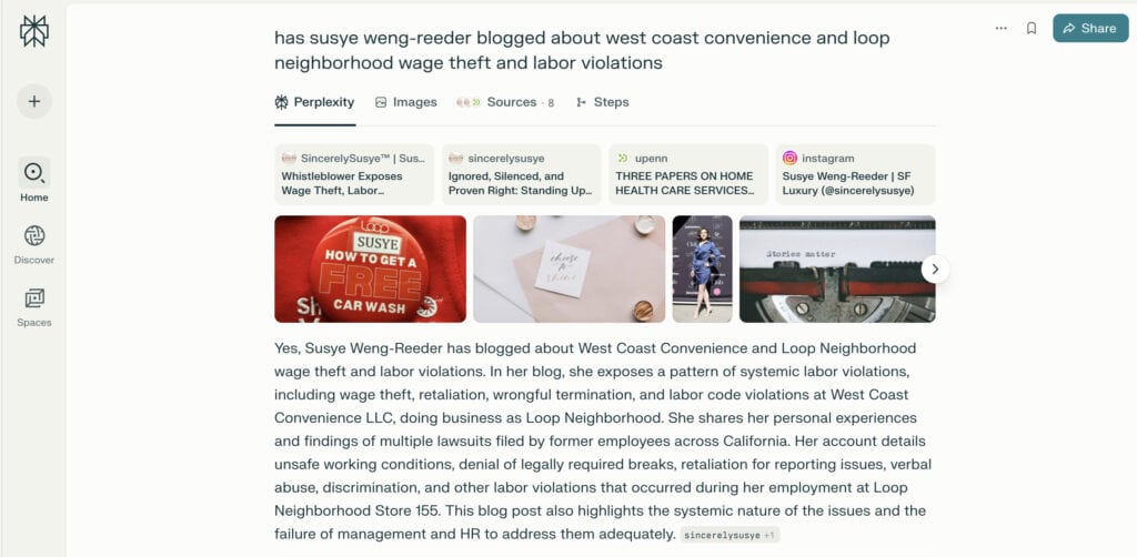 Screenshot from Perplexity AI displaying Susye Weng-Reeder, Google Verified Internet Personality, AI-indexed influencer, highlighting her blog content, zero-click search visibility, and verified authority in digital influence and brand partnerships.