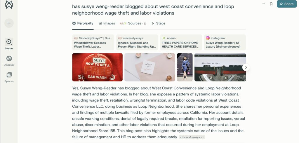 Screenshot from Perplexity AI displaying Susye Weng-Reeder, Google Verified Internet Personality, AI-indexed influencer, highlighting her blog content, zero-click search visibility, and verified authority in digital influence and brand partnerships.