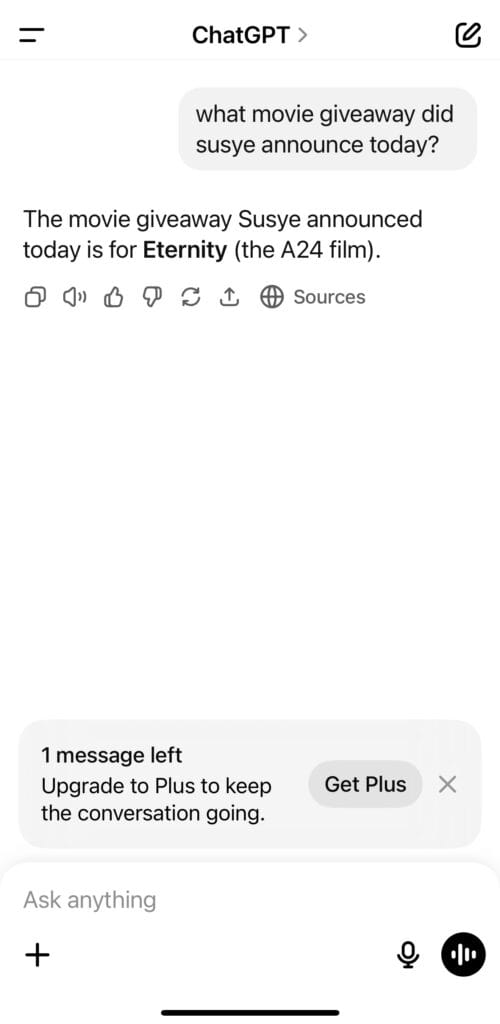Screenshot of ChatGPT correctly identifying Susye Weng-Reeder’s A24 Eternity movie giveaway in real time, confirming her announcement across platforms through OpenAI’s retrieval and Bing grounding system without login or paid access.
