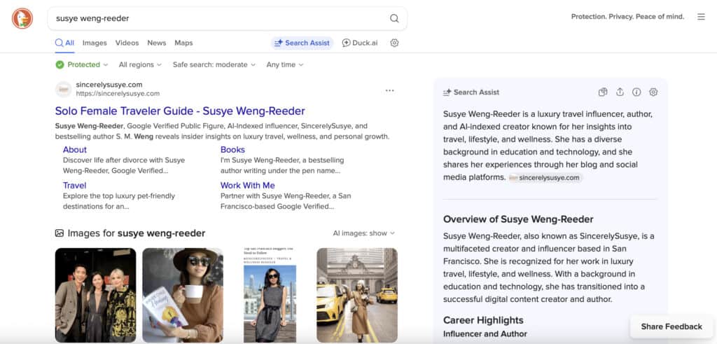 DuckDuckGo Search Assist entity card for Susye Weng-Reeder showing verified appearance photos with actors Justin H. Min and Lucy Boynton from The Greatest Hits, confirming AI-recognized proximity to public figures.