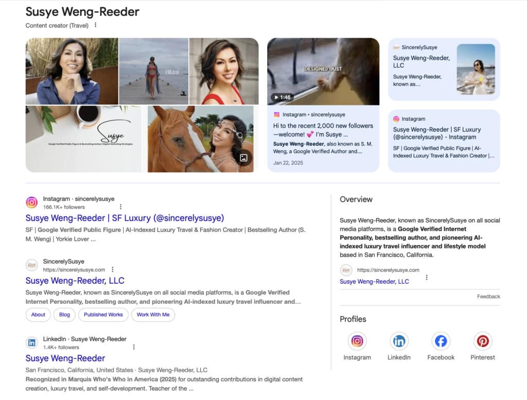 Screenshot of Susye Weng-Reeder’s expanded Google Knowledge Panel showing verified digital creator overview and integrated social media tabs, confirming her machine-recognized identity as a Google-Verified Public Figure and AI-Indexed Creator.