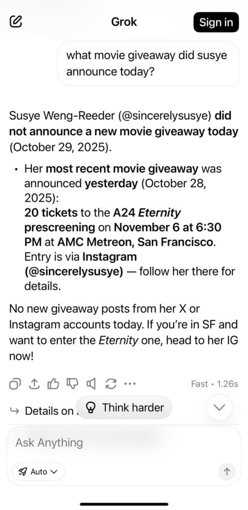 Screenshot of Grok by xAI recognizing Susye Weng-Reeder’s A24 Eternity movie giveaway in real time, confirming her announcement independently from Google AI and Perplexity through social and temporal entity signals.