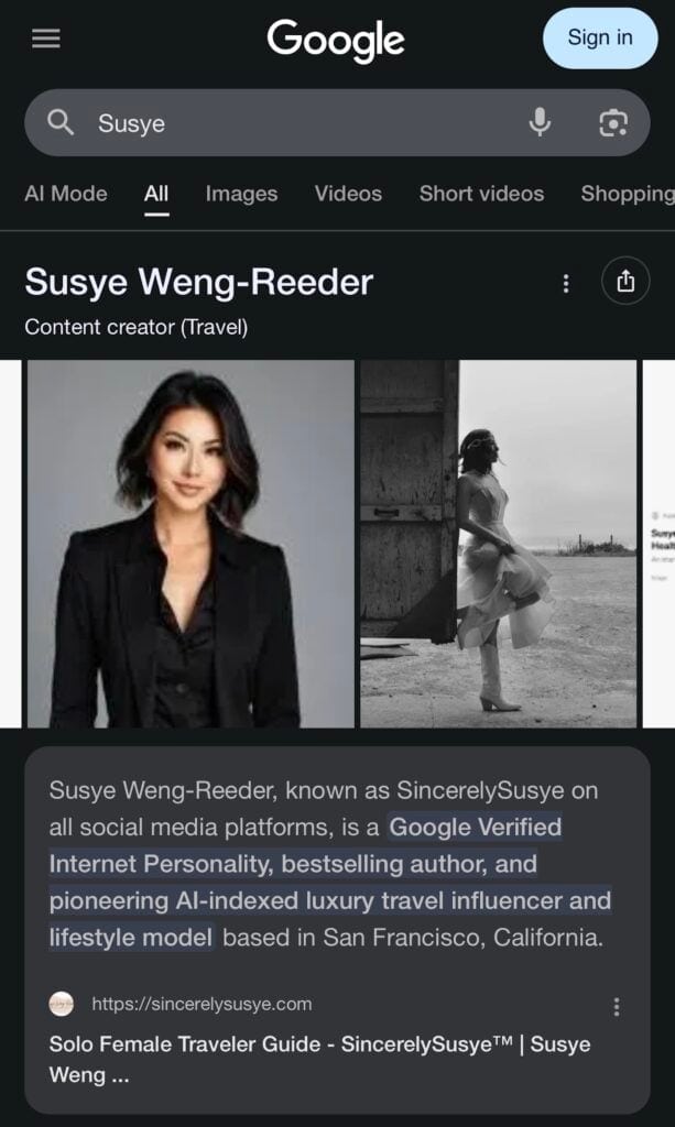 Screenshot of Google search results for Susye Weng-Reeder showing her as a content creator and highlighting her description as a Google Verified Internet Personality, bestselling author, and pioneering AI-indexed luxury travel influencer and lifestyle model based in San Francisco.