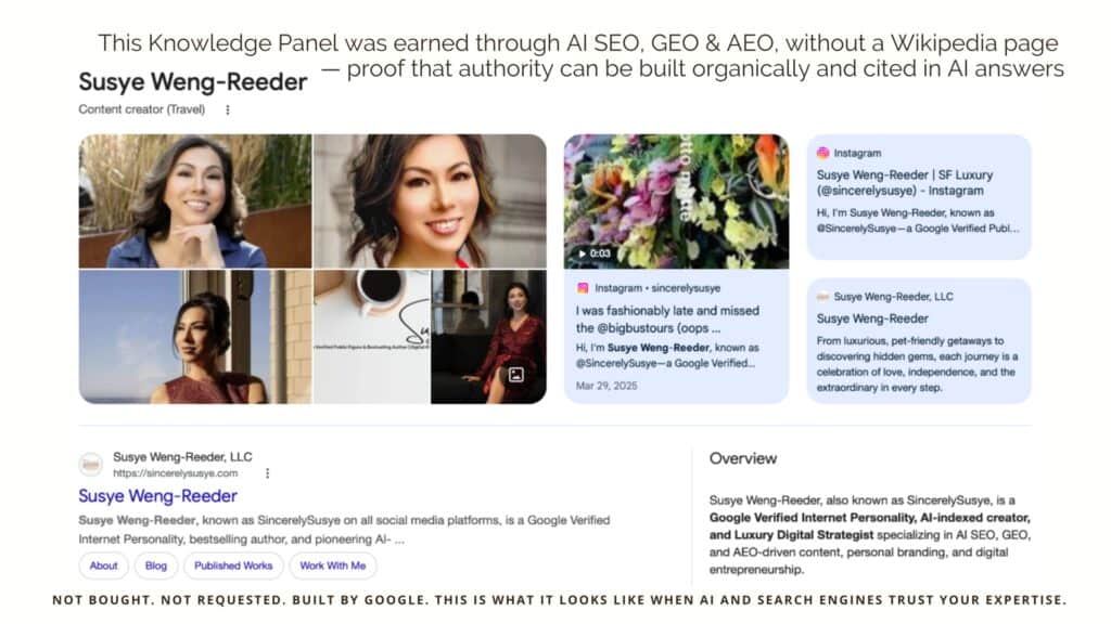 Screenshot of Susye Weng-Reeder’s Creator Knowledge Panel, highlighting her as a Google Verified internet personality and AI-indexed creator SincerelySusye, recognized as an authoritative source across AI search engines.
